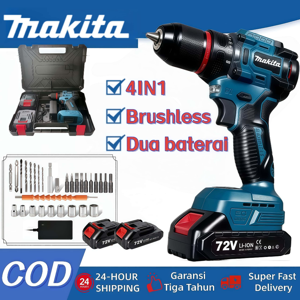 Makita Mesin lmpact bor Brushless Logam Cordless  baterai bor cas  Set Bor Tanpa Kabel