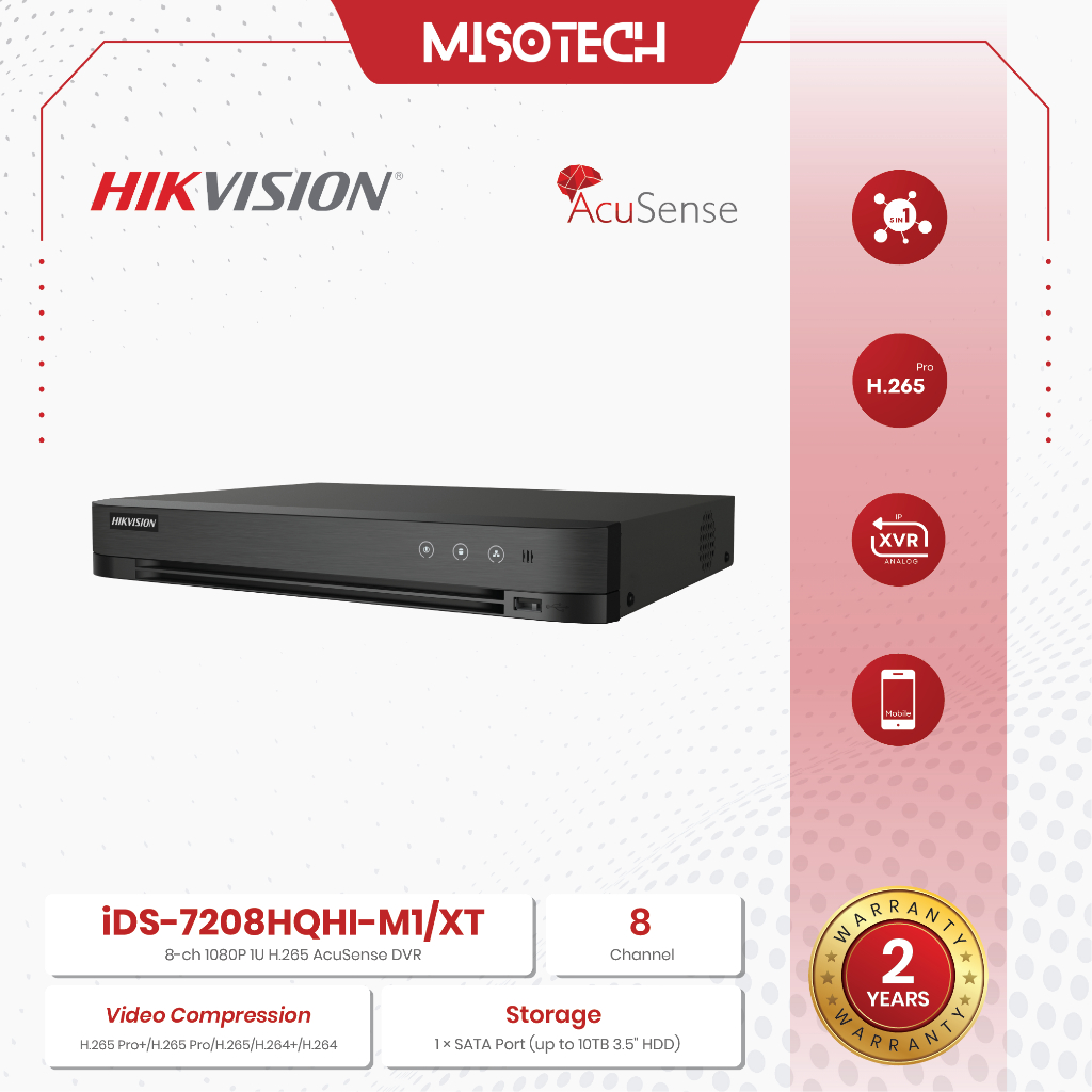Hikvision iDS-7208HQHI-M1/XT DVR 8 Channel 5MP 3K Lite Hybrid 1 SATA AI New Acusense