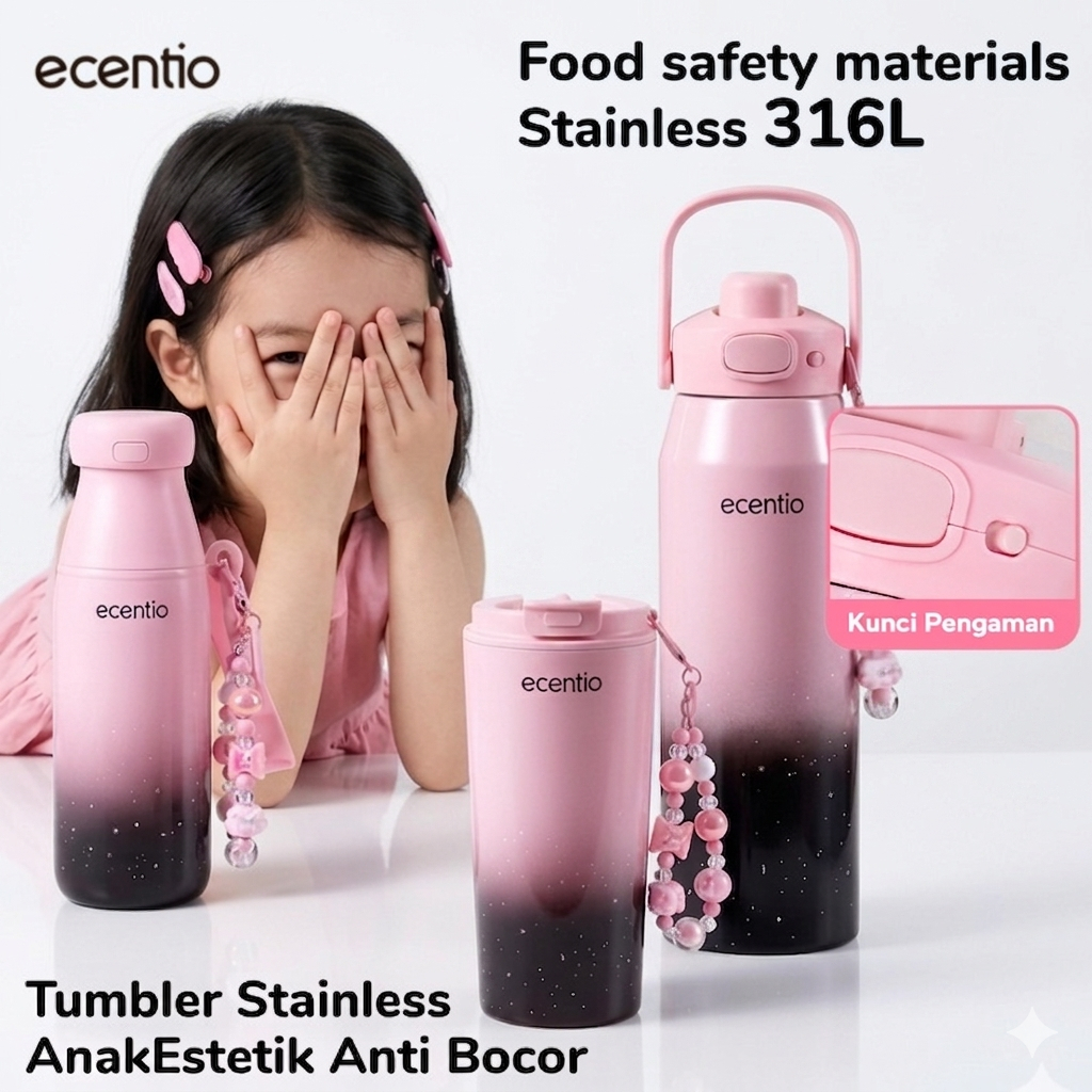 [Shop Live] ecentio  Tumbler Stainless black pink Aesthetic anak lucu Portable Sekolah Botol Minum A