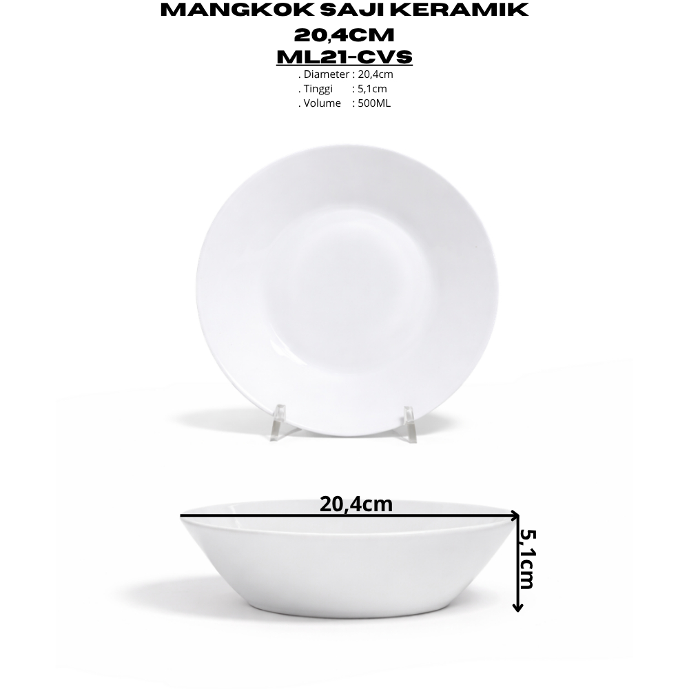 Mangkok Saji Keramik 20,4CM (1PCS) Putih Polos By Indo Keramik Mangkok Lebar Mangkok Salad Mangkok R