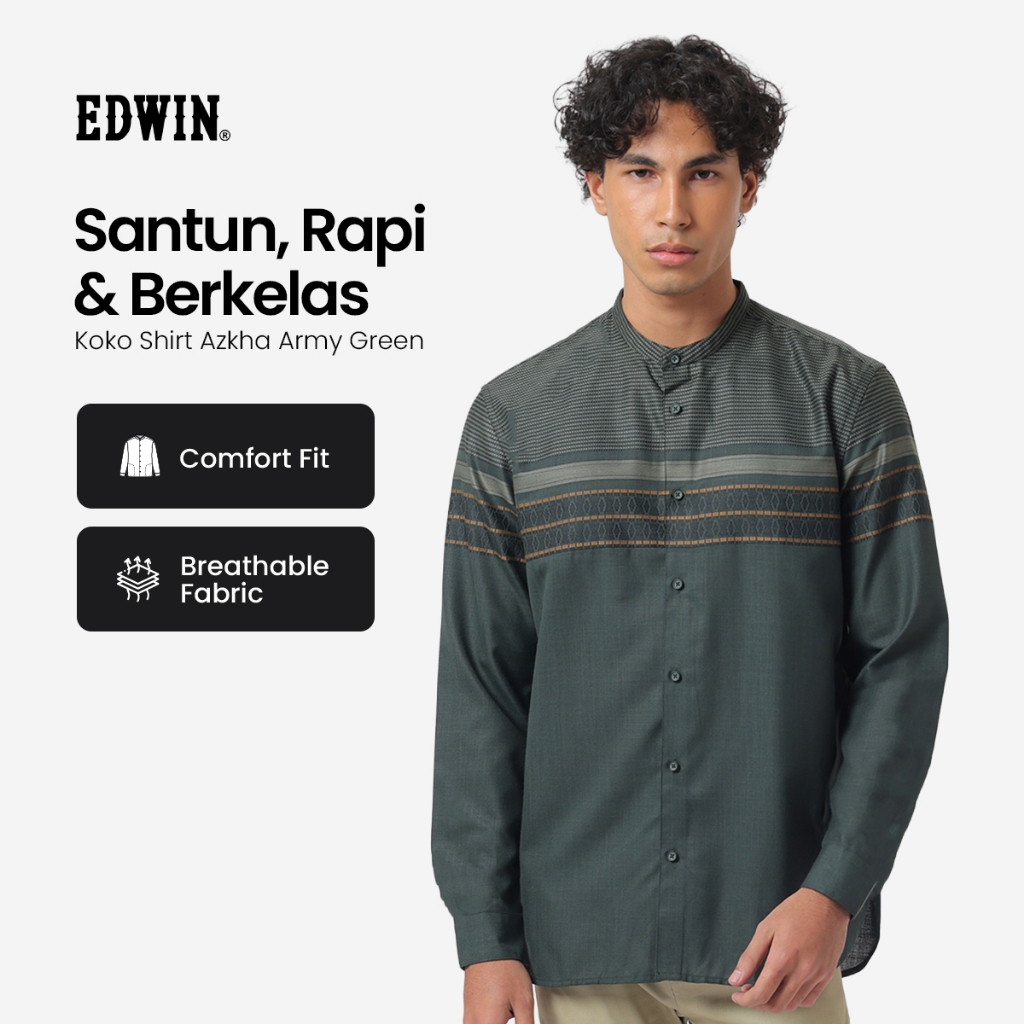 EDWIN JEANS - Kemeja Koko Pria Lengan Panjang AZKHA ARMY GREEN Baju Muslim Pria