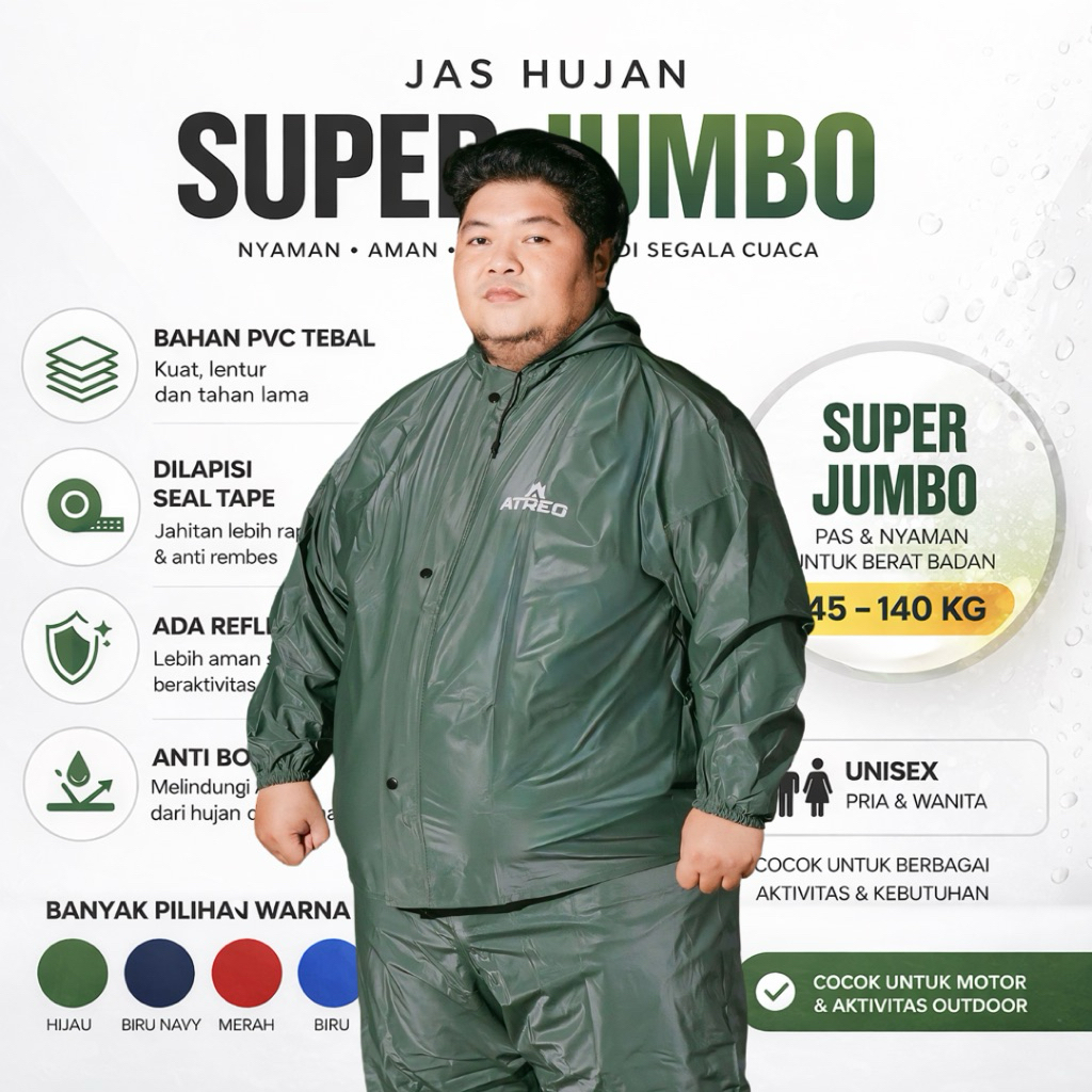 Jas Hujan Motor Jumbo Setelan Super Besar Big Size PVC Tebal Tidak Rembes Sealing Press By ATREO Jas