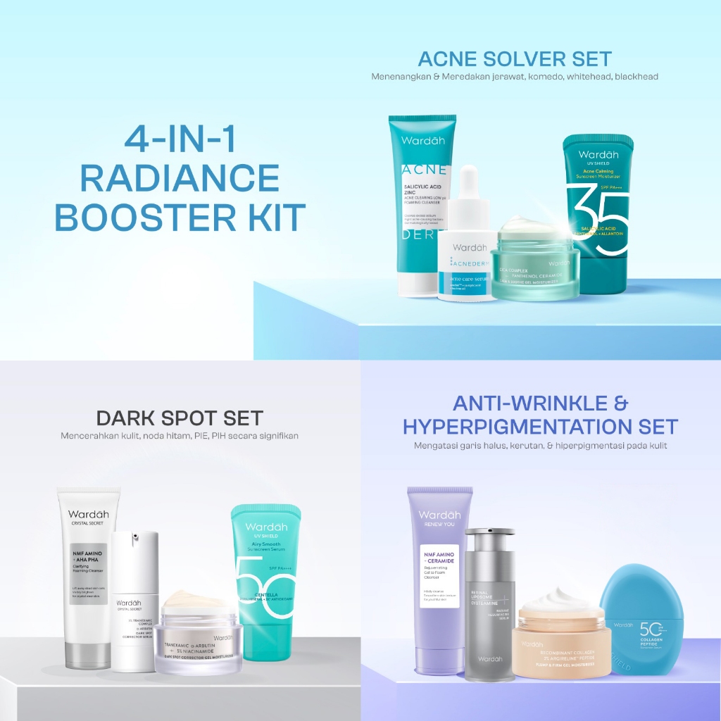 WARDAH Paket 4 pcs Skincare Solusi Masalah Kulit - Brightening Glow, Repair Barrier, Anti Wrinkle, F