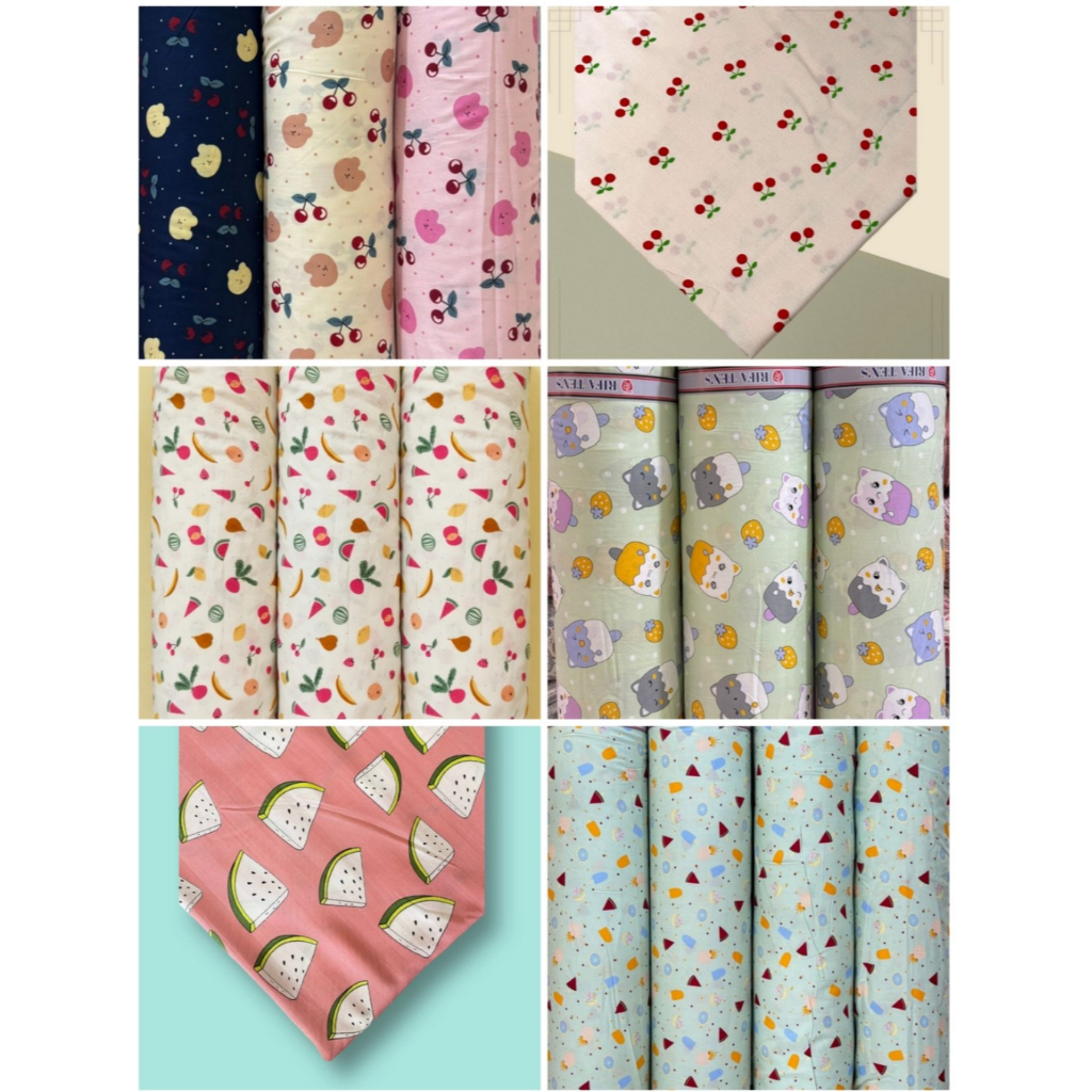 Bahan Kain Viscose Rayon Katun Motif Cherry Buah Kucing Premium Adem Lembut Halus Banyak Warna untuk