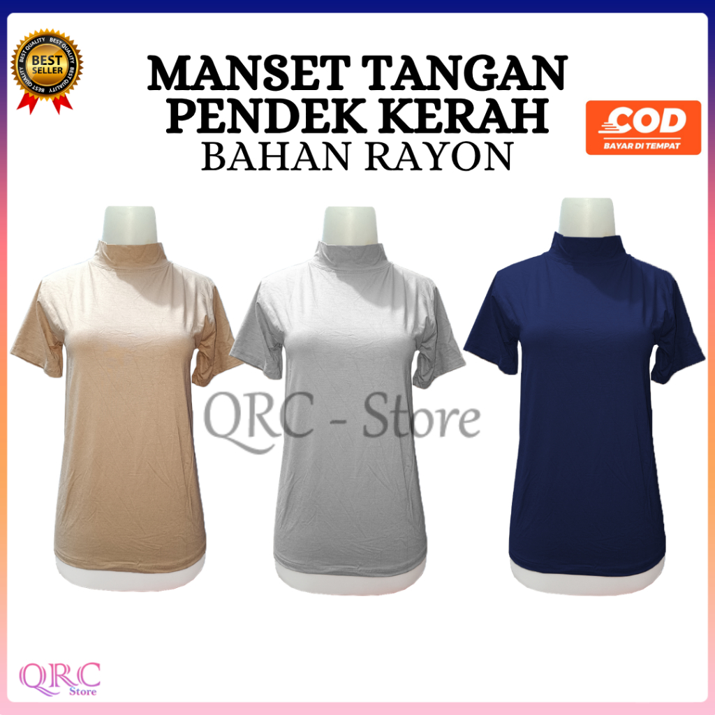 Baju Manset Lengan Pendek Wanita Kerah Tinggi Bahan Rayon Super Leher Polos Dalaman Perempuan Hitam 