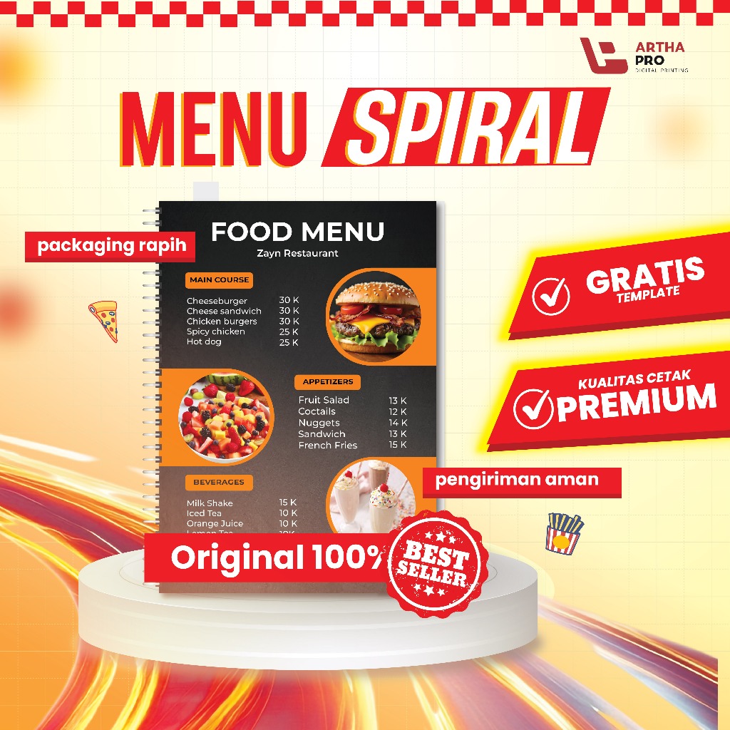 Cetak Buku Menu Resto Cafe Jilid Spiral Laminasi Tahan Air | Laminasi Glossy Doff | Artpaper 260Gsm