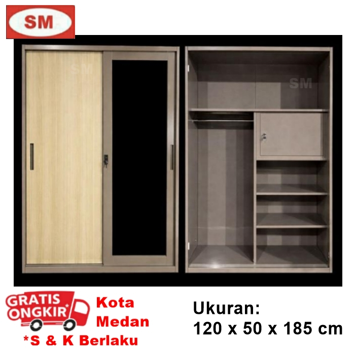 LEMARI PAKAIAN BESI 2P - GF B4 - LEMARI PINTU BESI SLIDING - MOTIF KAYU