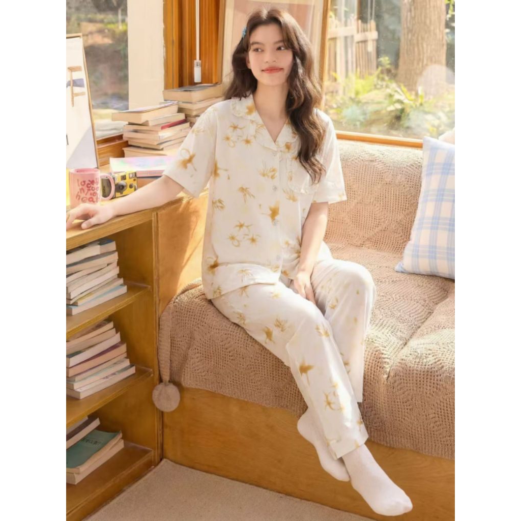 Baju tidur wanita import lengan pendek dan celana panjang nyaman untuk tidur