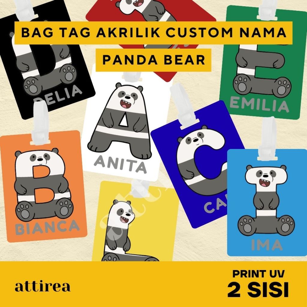 Bag Tag Akrilik Inisial - Panda Bear We Bare Bears | Gantungan Tas Koper Luggage Lucu Tahan Air Nama