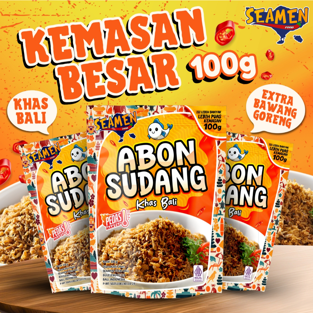 Kemasan Besar ABON SUDANG PEDAS 100 gram. Masa Simpan 1 Tahun