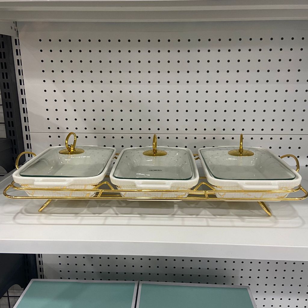 BASI FIORENZA MARMER PUTIH//Wadah Prasmanan Keramik 3 Sekat / Buffet Serving Set Gold / Chafing Dish