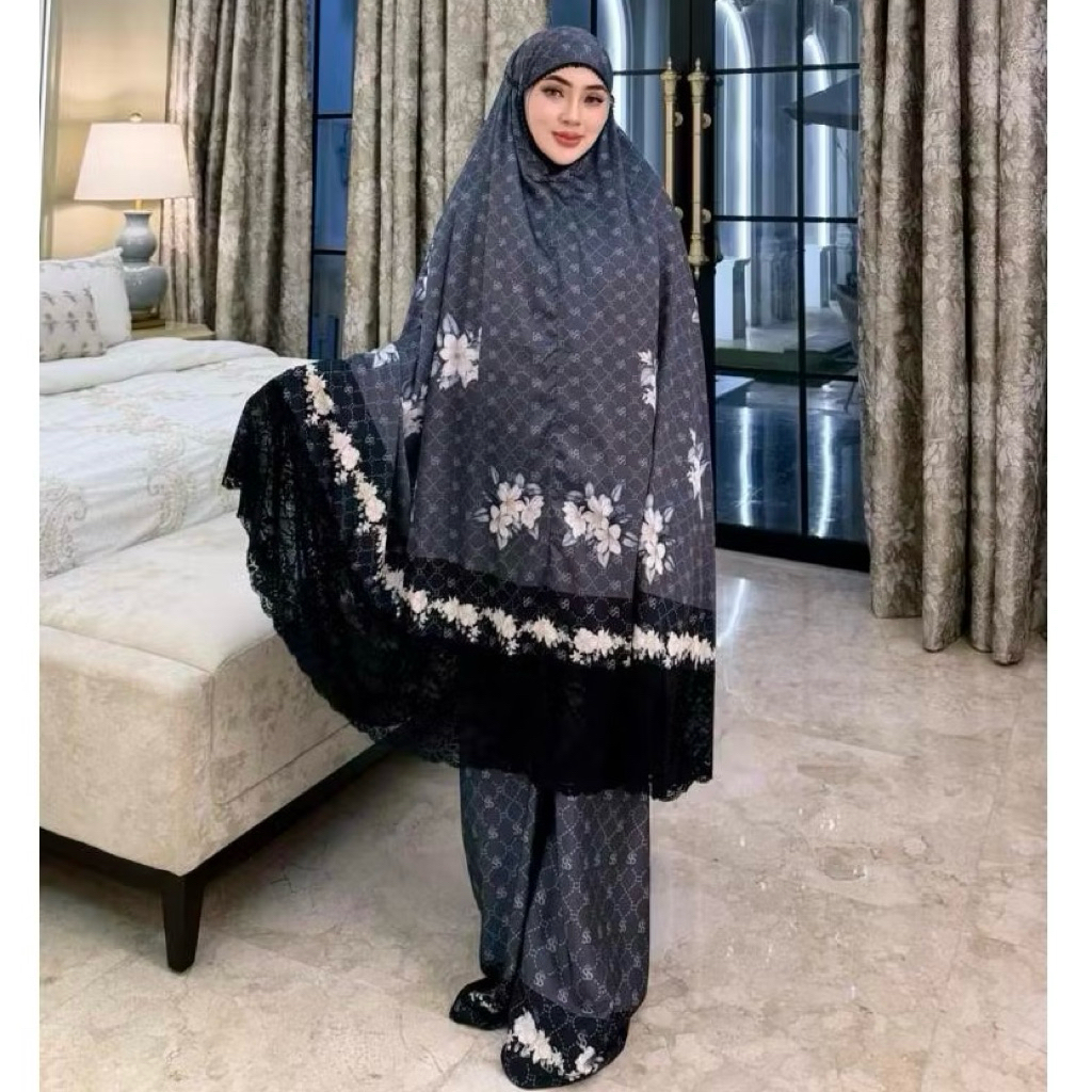 SS0085 SHELLASAUKIA MUKENA SILK PRINTING RENDA HITAM