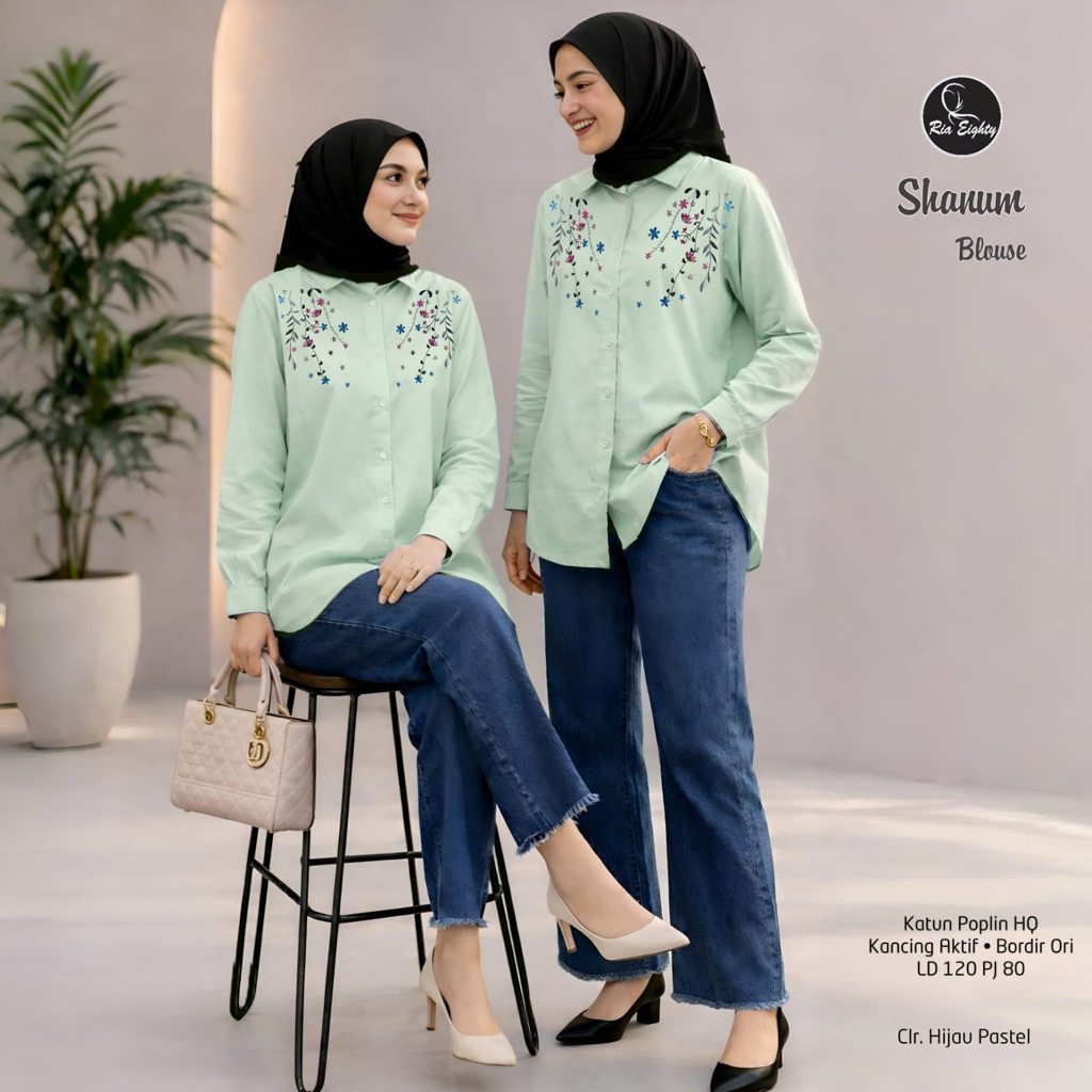 sage green Shanum kemeja Oversize Ld 120 blouse bordir asli / riaeighty