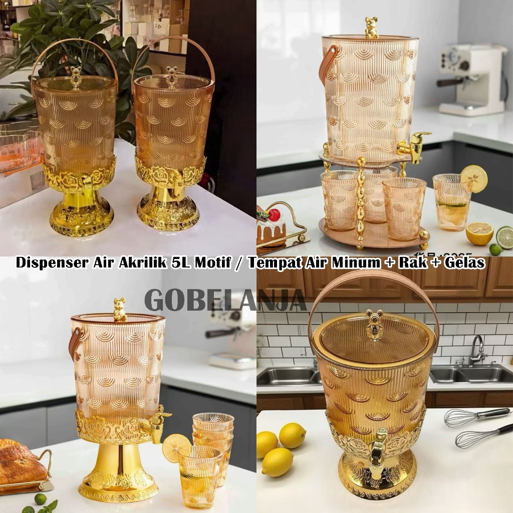 TERMASUK GELAS Dispenser Air Akrilik 5L Motif / Tempat Air Minum + Rak Mewah