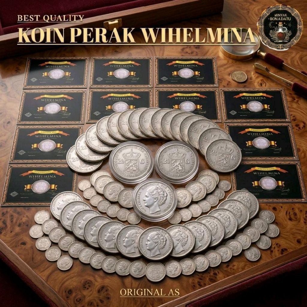 Koin Perak Silver Kuno dari Wilhelmina Nederland, berat 2 1/2G. Tersedia dalam tahun 1930, 1933, 194