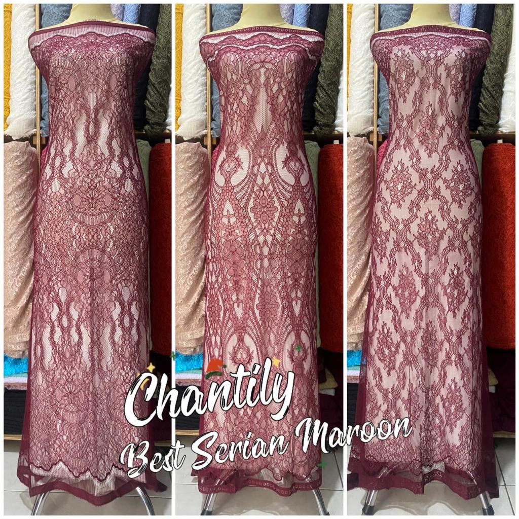 Kain Brukat Chantily Serian Warna Maroon , Isi Panjang 2,5 meter X Lebar 1,5 meter , Bahan Kebaya Sa