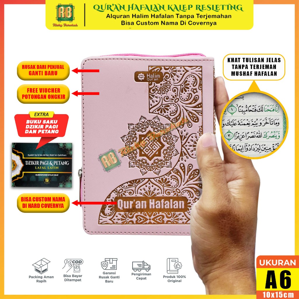 Halim Qur'an Hafalan Kalep Resleting Ukuran A6, Alquran Custom Nama, Tanpa Terjemahan, Motif Ukiran