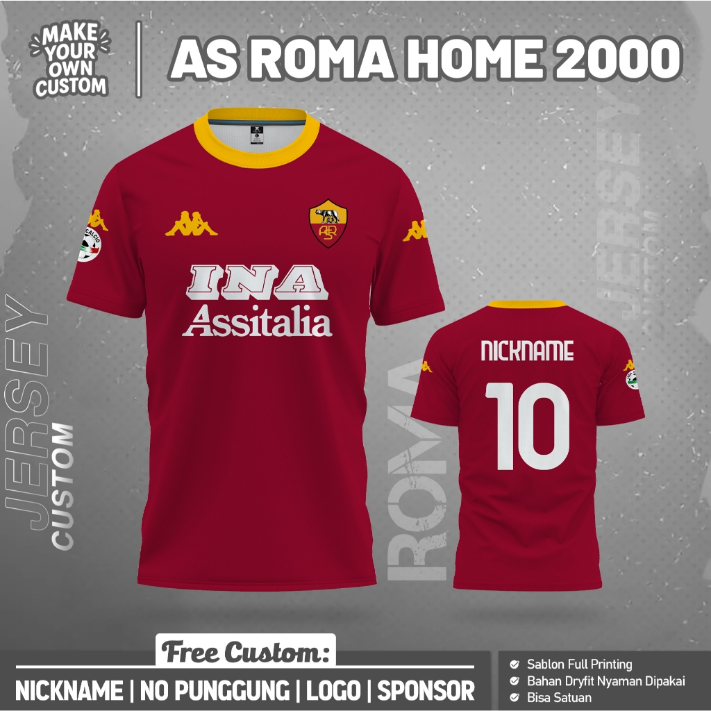 Jersey Bola AS ROMA HOME 2000 PENDEK Free custom nama dan no  punggung Full printing