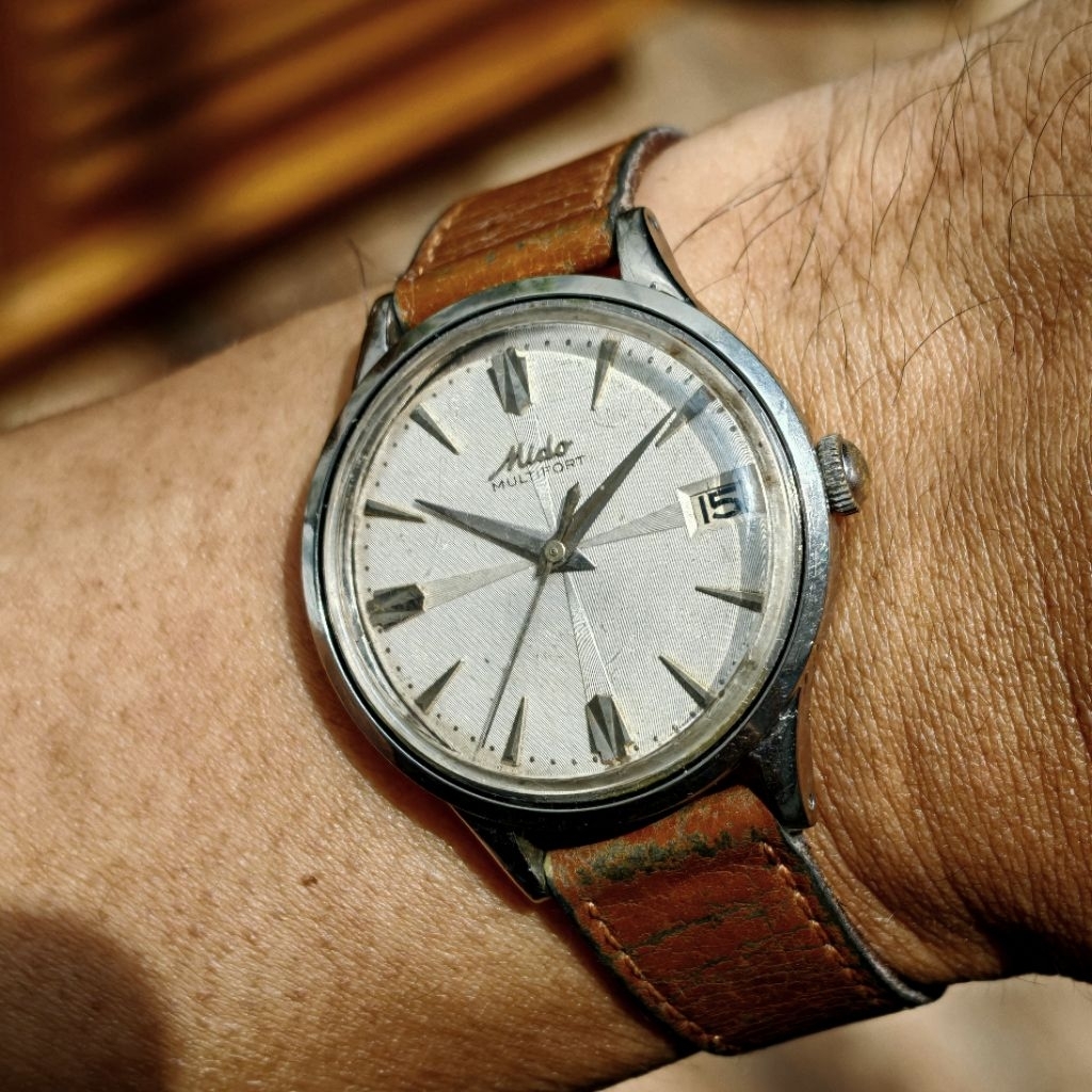 50s Vintage Mido Multifort Powerwind Superautomatic silver vinyl groove windmill dial RARE