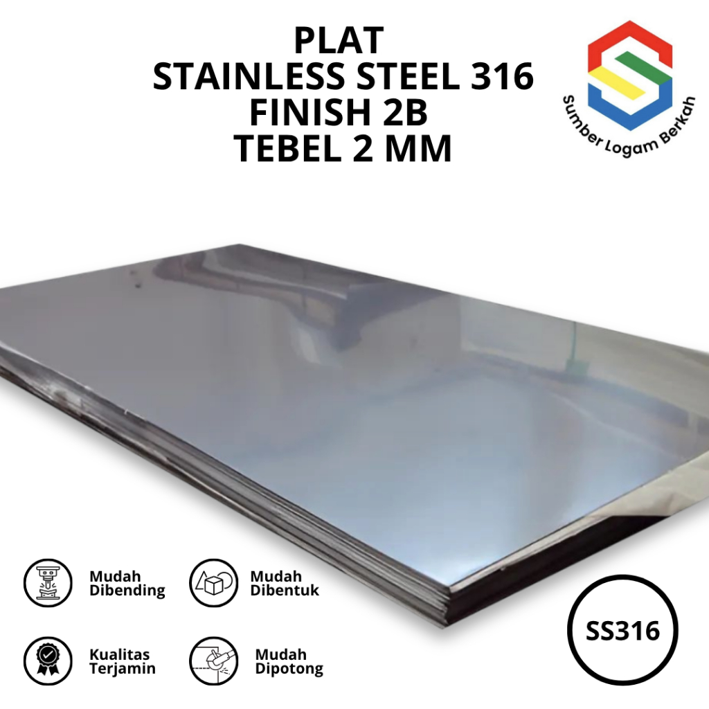 Plat stainless steel lembaran tebel 2 mm x 1220 mm x 2440 mm finish 2b 316