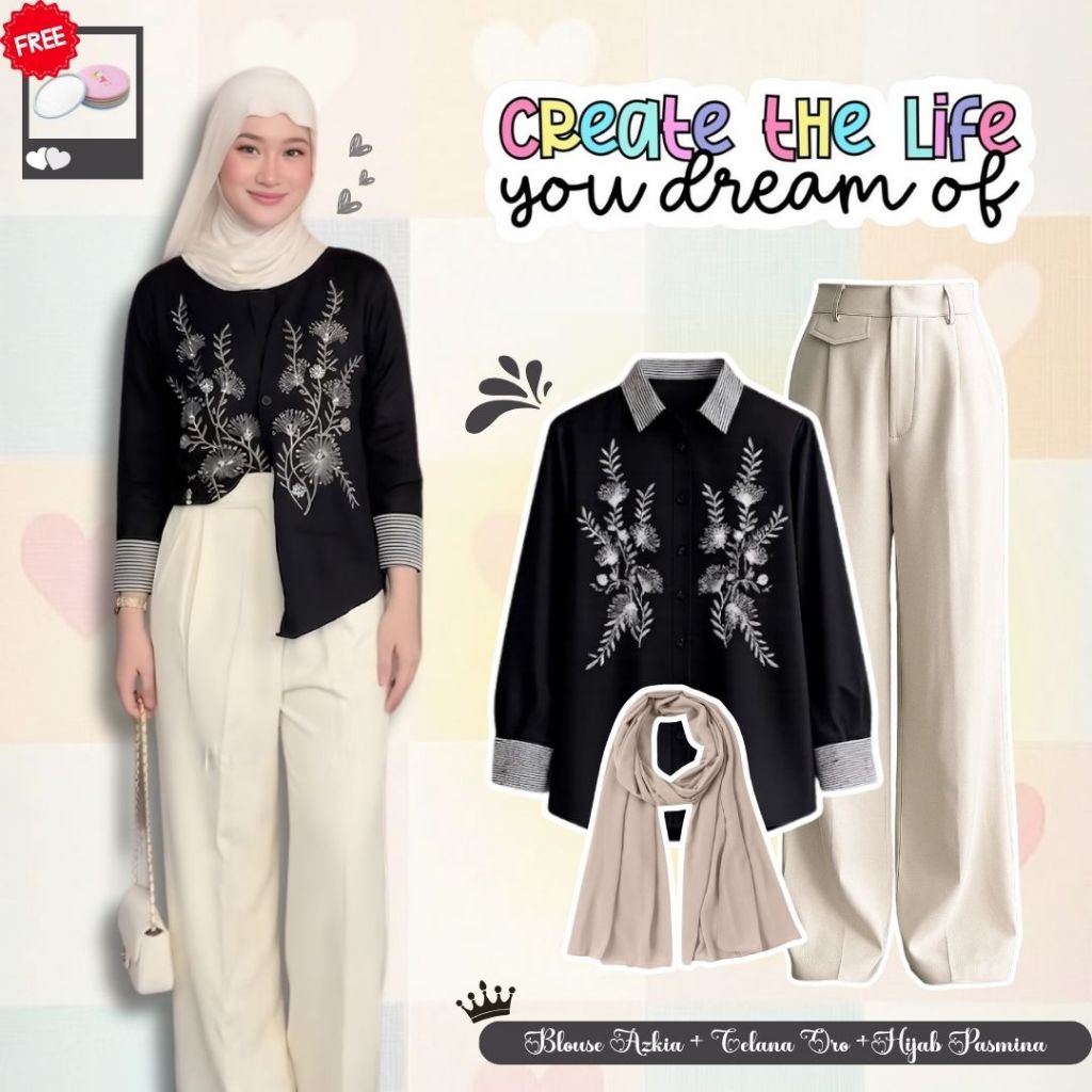 Oneset Wanita 3in1 (Blouse Azkia, Oro Pants, Hijab) Outfit Kondangan Formal Jalan Remaja Bunga RVG61