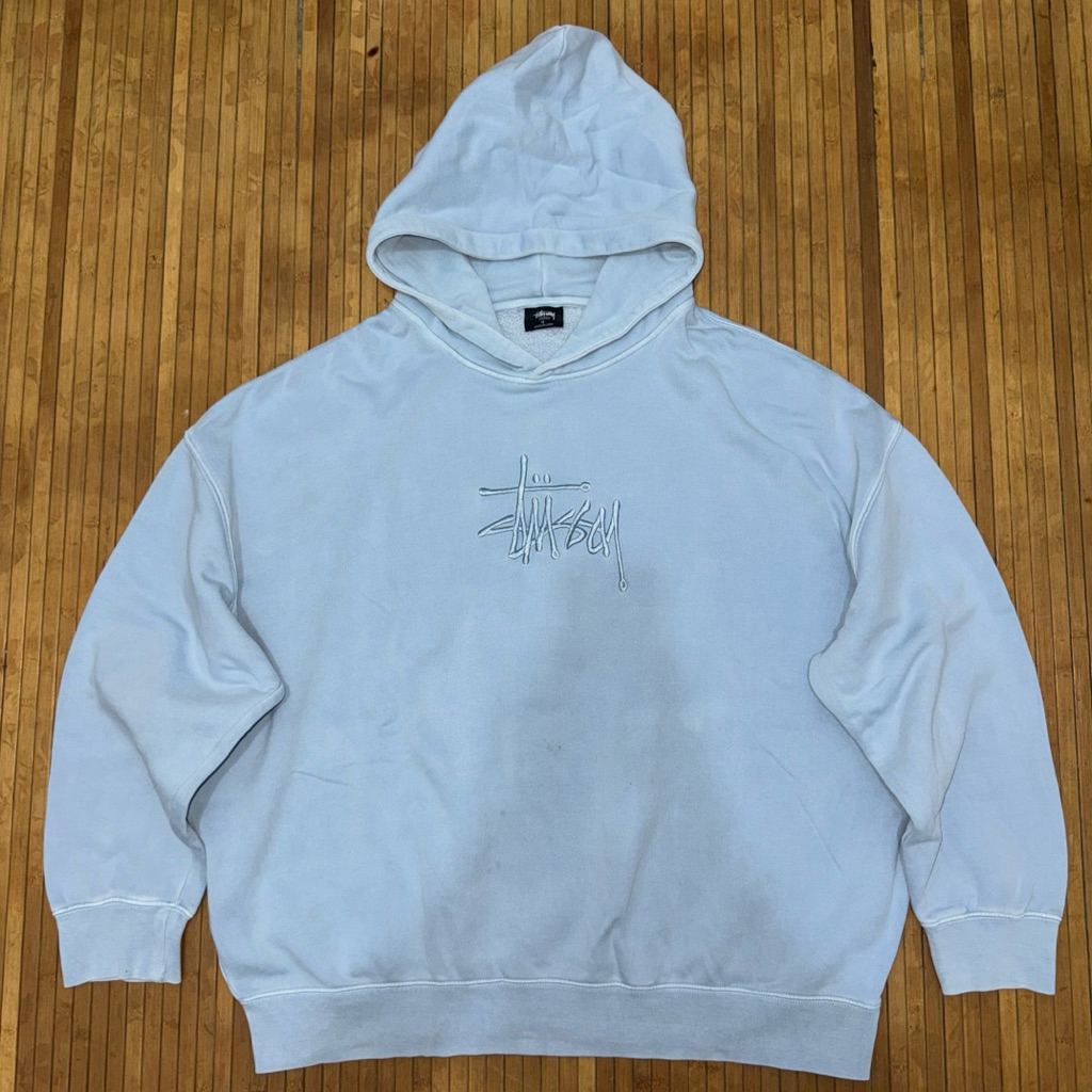 STUSSY OVERSIZED BOXY BLUE BIG EMBROIDERED LOGO HOODIE JACKET