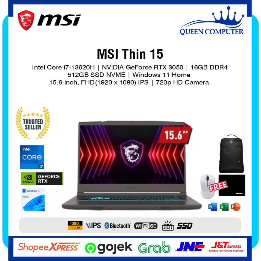 Laptop MSI Thin 15 Core i7 13620H 16GB 512GB 3050 14'' Inch FHD IPS W11 Home Cosmos Gray