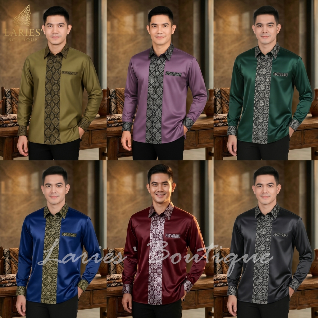LARIES` Baju Kemeja Pria Satin Kombinasi Songket Batik Modern Baju Kondangan Premium Lapis Furing 2