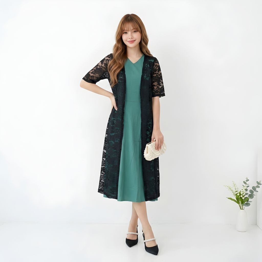 2in1 Set Lovita Dress Wanita + Cardigan Brokat Hitam Panjang Outfit Wanita Elegan Kondangan Vr