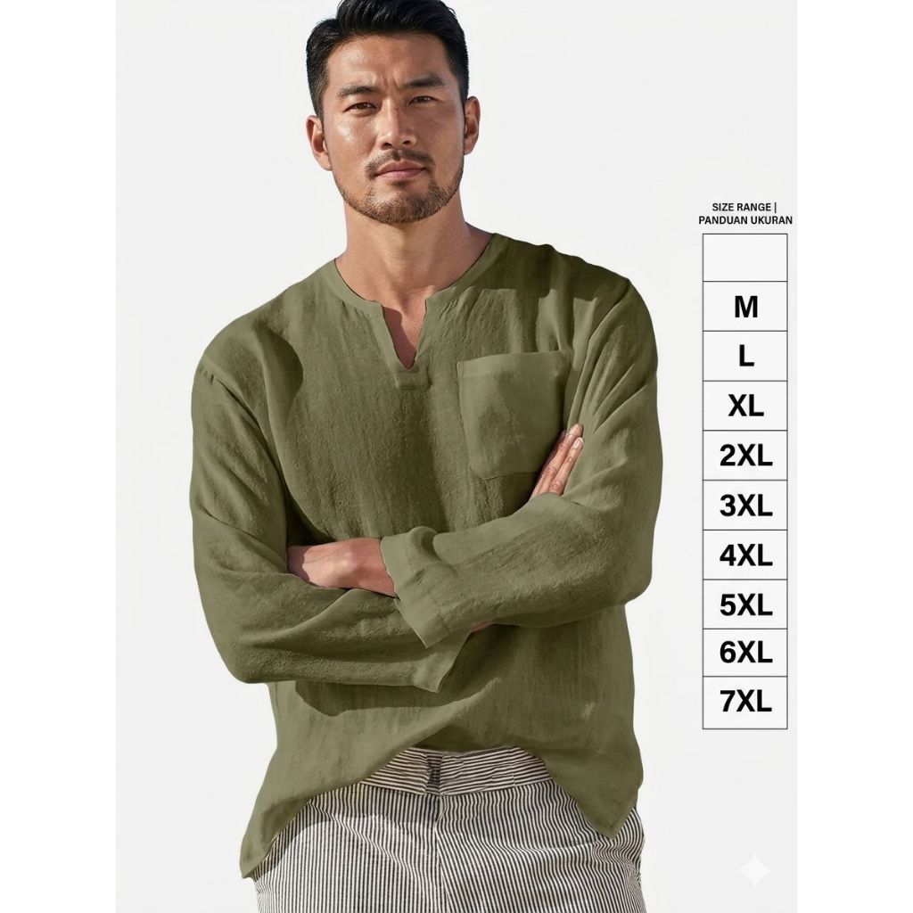 Baju Koko Pria Lengan Panjang Katun Linen Jawani Simpel Elegan Atasan Cowok Muslim Ramadhan Keren