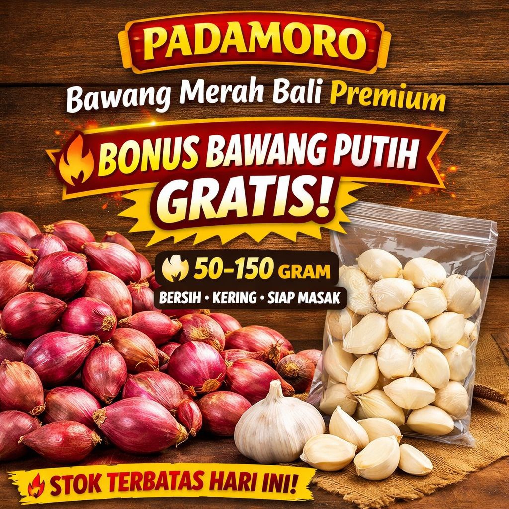 Bawang Merah Bali Jumbo Kering Bersih | BONUS Bawang Putih GRATIS | Padamoro Premium