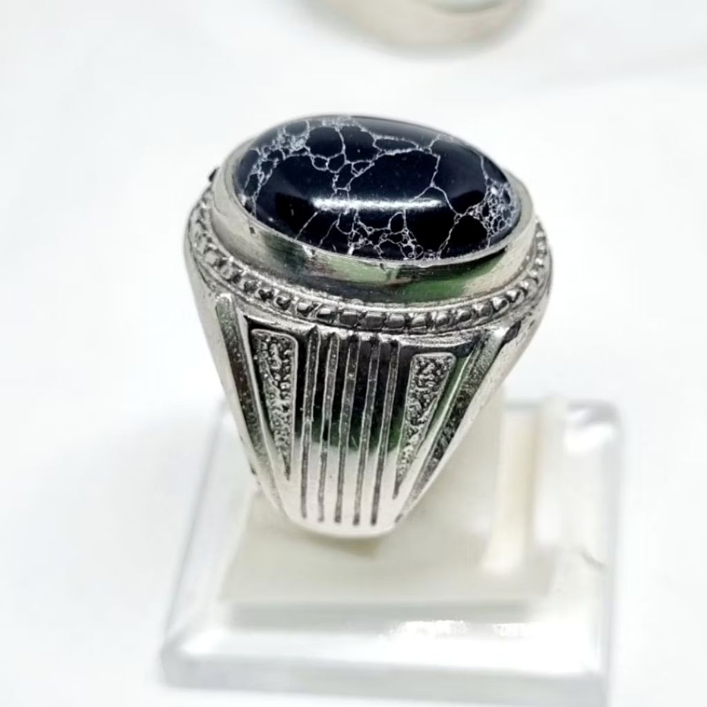 cincin batu akik pirus hitam urat putih ring ALPAKA SUPER