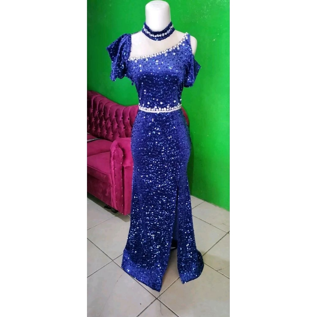 dress cantik warna biru bca pul beludru seken