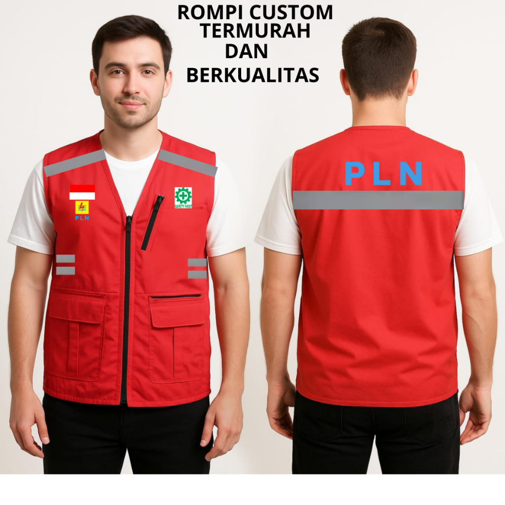 Rompi PLN Terbaru - Rompi Pria lapangan PLN Safety K3- Rompi PLN List, Bisa Custom & Request Logo