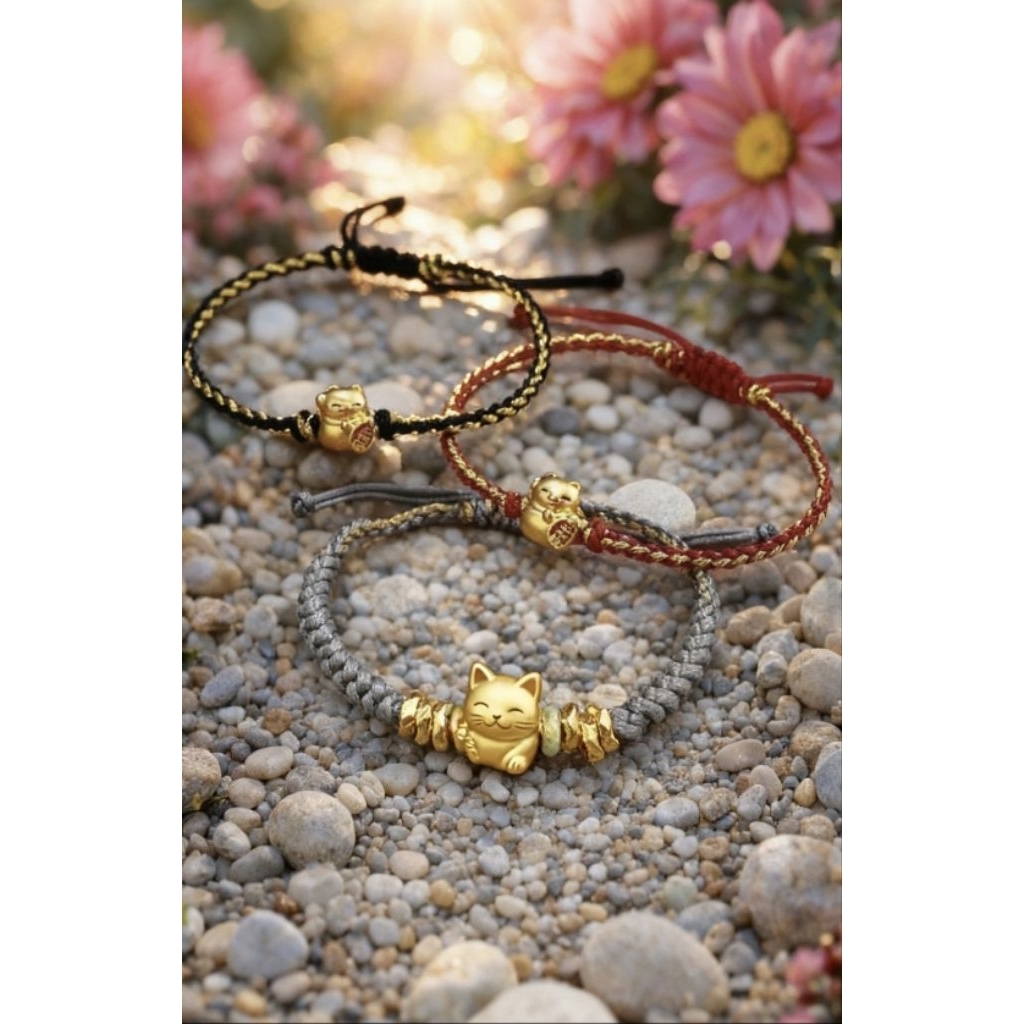 gelang tali cina china bracelet adjustable charm Emas gold kucing manekineko