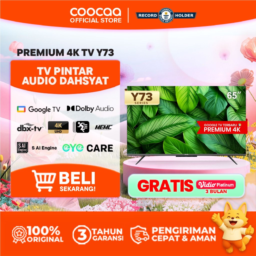 TERBARU COOCAA TV 65 inch Y73 - 4K Google TV - S AI Engine - MEMC - Dolby Audio - HDR10/HLG - Find M