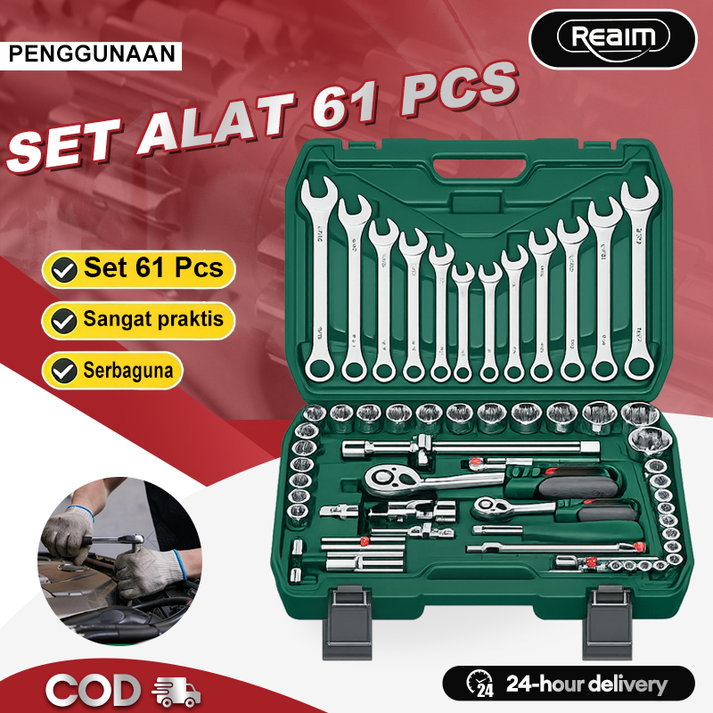 Reaim Kunci Set Lengkap 61Pcs Kunci Set Kunci Sok Toolkit Set Tool Box Set Lengkap