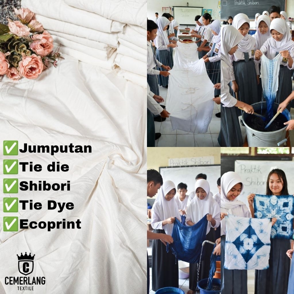 Bahan Kain Mori Rayon Santung Shantung Katun Cotton Polos Batik Jumputan Tie dye Shibori Ecoprint