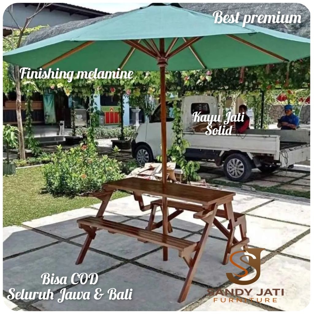 Meja bangku Lipat dengan payung taman cafe bahan kayu jati outdoor