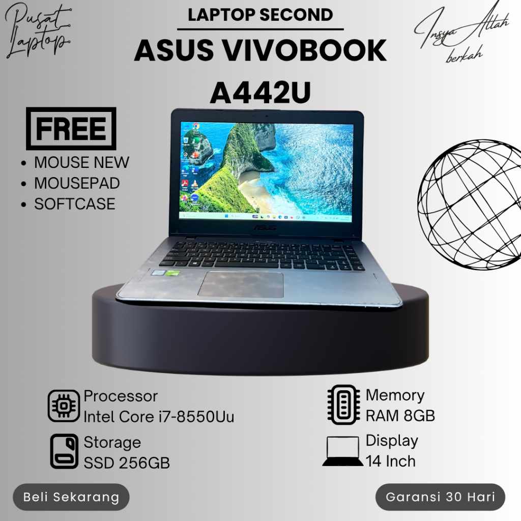ASUS VIVOBOOK A442U SECOND | INTEL CORE I7 GEN 8 | VGA NVIDIA MX130 | RAM 8GB | SSD 256GB | NORMAL |