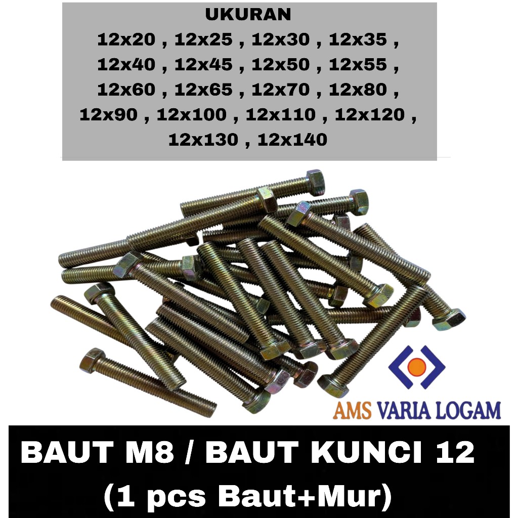 1 PCS Baut Mur M12 Hexagon Kuning (KUNCI 19) / BAUT M12 / Baut mur MURAH / BAUT MUR M12 PANJANG 20 M