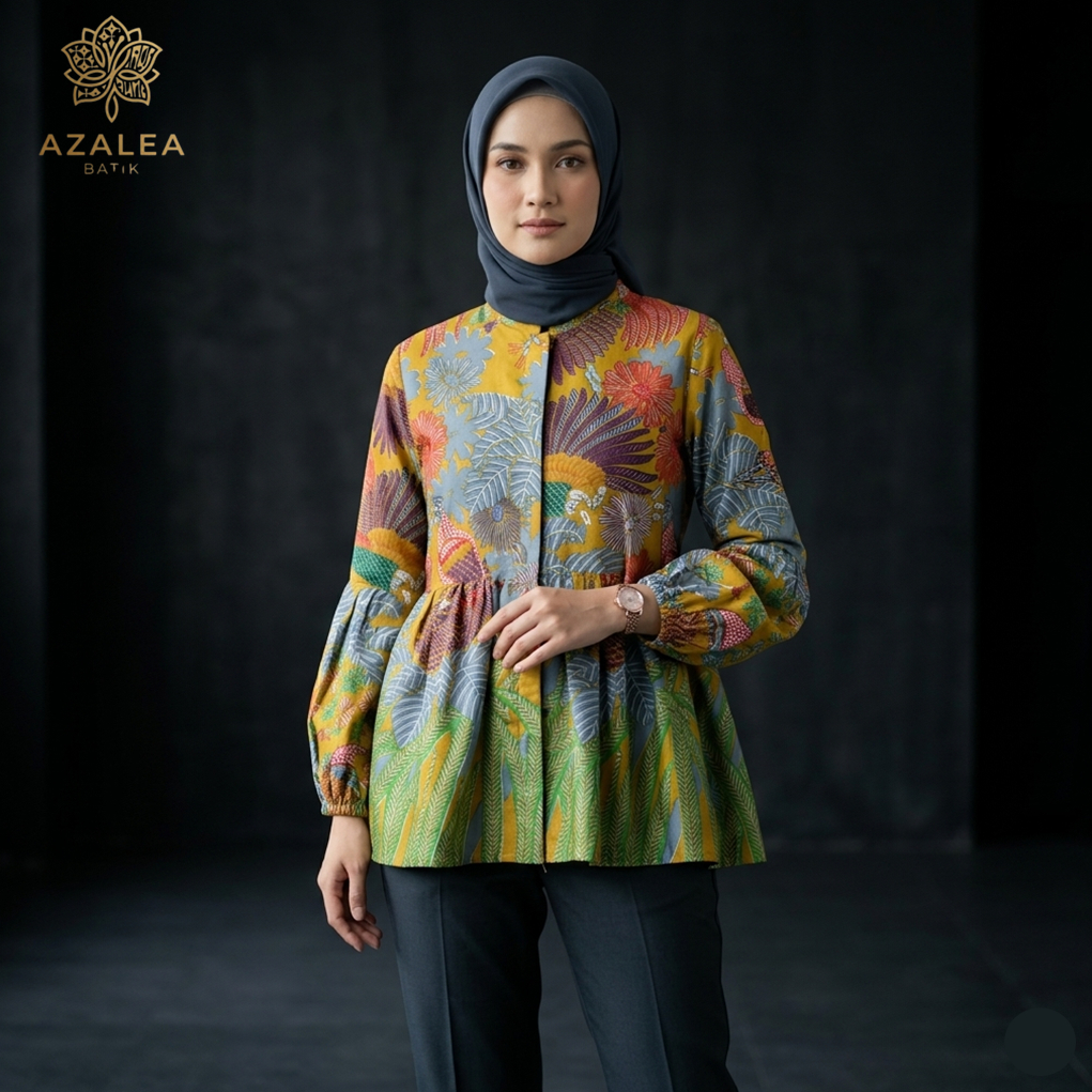 Sakura Blouse Batik Wanita Kerja Kantor Modern Katun Premium Busui Friendly Warna Kuning