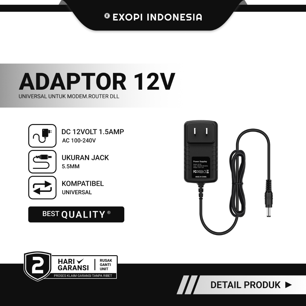 Power Adaptor 12V-1.5A Jack 5.5mm Bisa Untuk Modem Router DVR CCTV STB HTB Bekas Universal