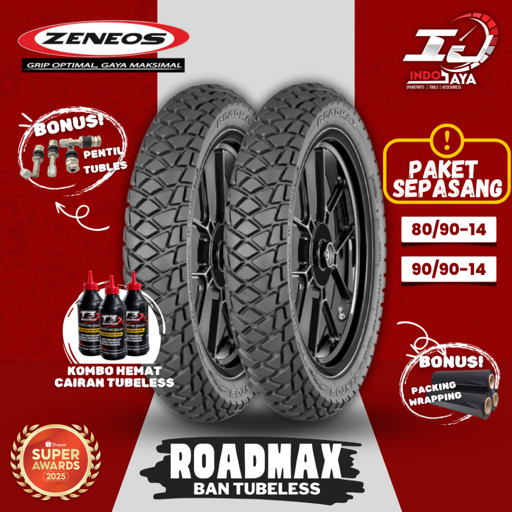 [HARGA SEPASANG] BAN ZENEOS ROADMAX DUAL PURPOSE (80/90-14 - 90/90-14) BAN TUBELESS DEPAN BELAKANG M