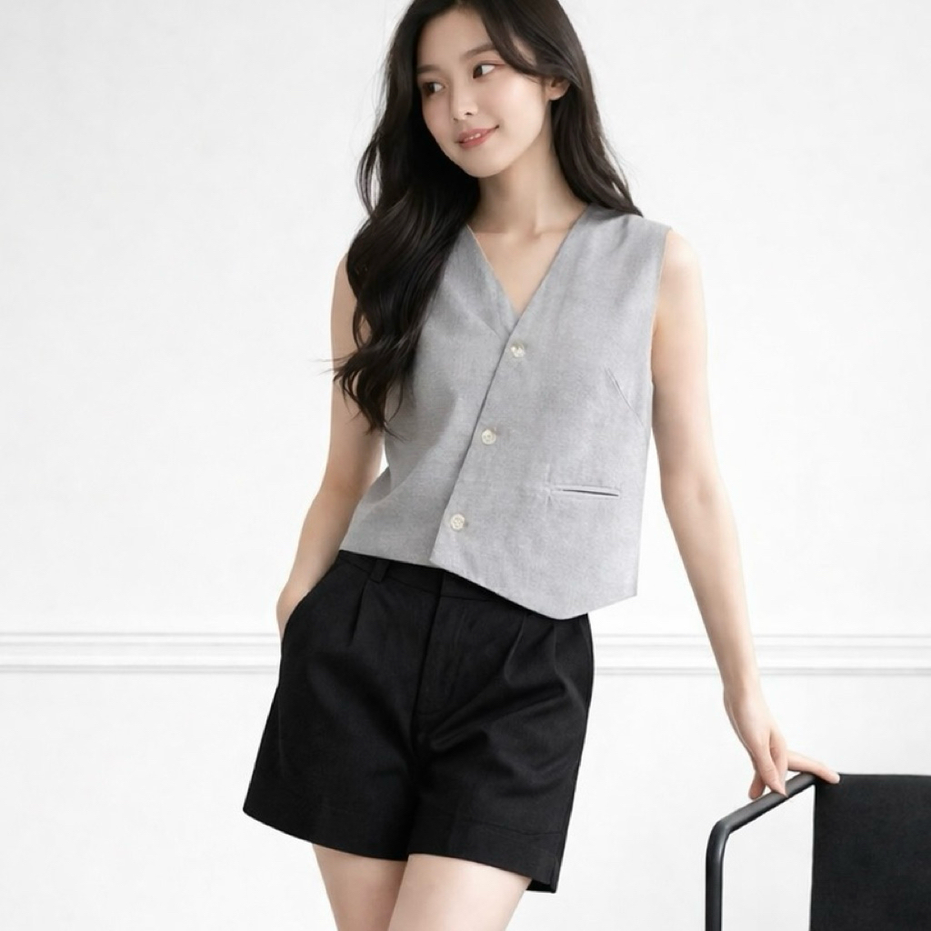 LILO Collins Top | Baju Rompi Asimetris | Vest Katun Korea Crop | Atasan Wanita Abu | Atasan Wanita 