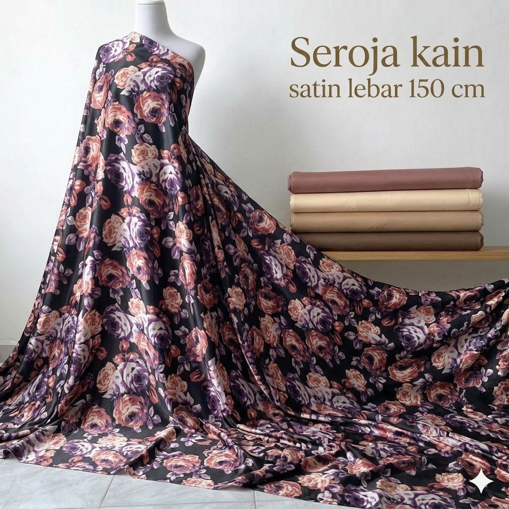 Kain Satin Motif Bunga Vintage Hitam Ungu Peach – Satin Glossy Halus Premium Lebar 150cm Pt