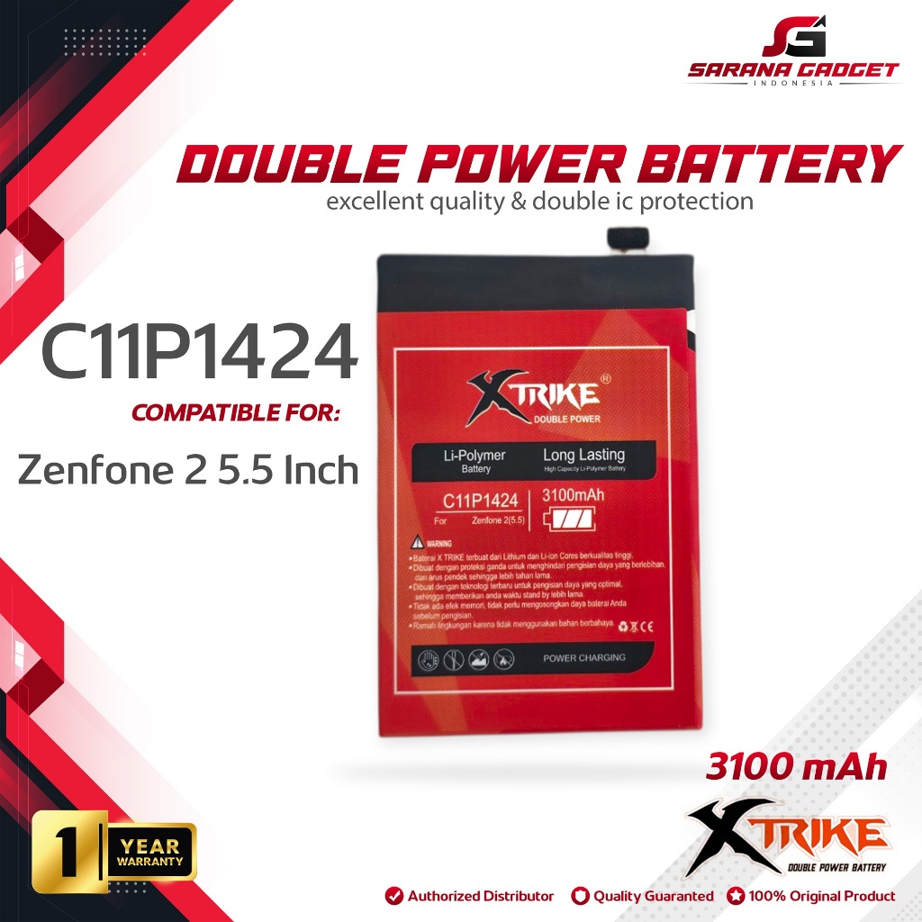 Baterai XTRIKE Double Power Original Asus Zenfone 2 5.5 Inch ZE550ML ZE551ML C11P1424 Z00AD Batre