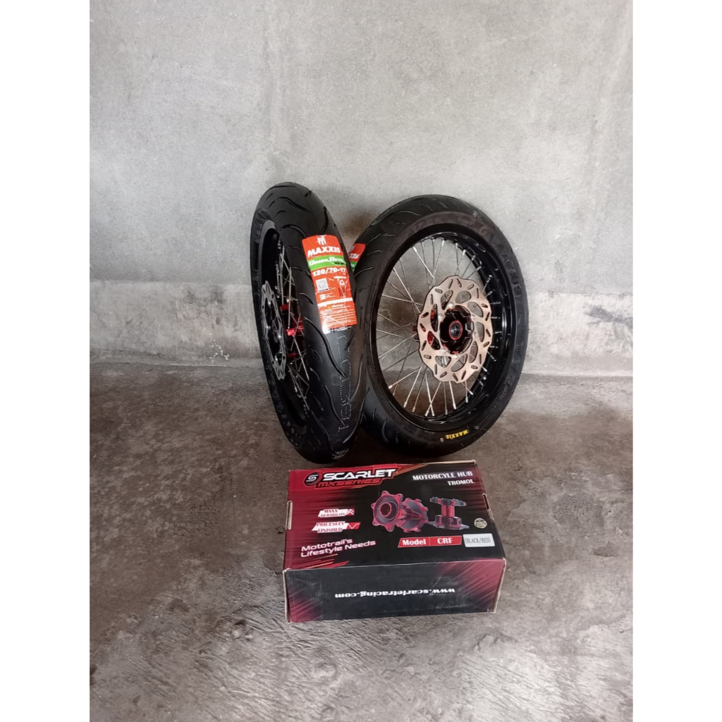 Paket Supermoto CRF Velg 215/250 Ban Maxxis - Tromol Scarlet - Siap Pasang