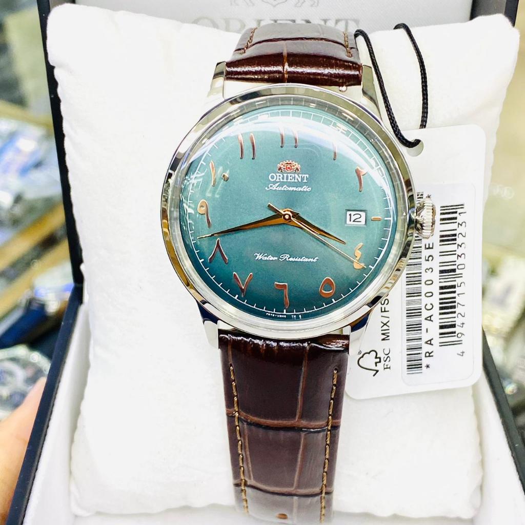 ORIGINALJam Tangan Pria Orient Bambino RA-AC0035E Automatic Green Arabic Dial Brown Leather Strap