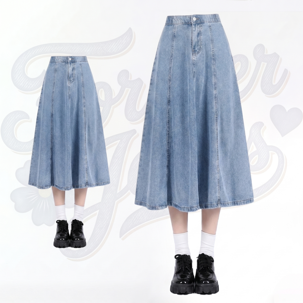 Forever Jeans Rok Pinggang Karet 7/8 Jeans Wanita Rok Midi Korean Style Jumbo